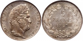 France. 5 Francs, 1847-A. Dav-91; KM-749.1. Louis Philippe I. Fully lustrous with light grey toning. NGC graded MS-64. Estimate Value $400 - 500