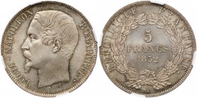 France. 5 Francs, 1852-A. Dav-94; KM-773.1. "BARRE" below bust. Louis Napoleon, President. One year type. Superb gem with great eye-appeal. Tied for t...