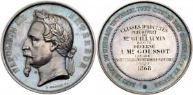 France. Medal (1868). Silver. 88.7 grams. 58 mm. Argent on edge. By L Merley F. Napoleon III. Laureate head left. Reverse ; Inscribed with engraved da...