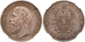 German States: Baden. 5 Marks, 1876-G. Dav-532; KM-263.1. Friedrich I. Toned. NGC graded EF-40. Estimate Value $120 - 150