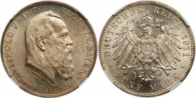 German States: Bavaria. 5 Marks, 1911-D. Dav-619; KM-999. For the ninetieth birthday of the Prince-Regent. NGC graded MS-64. Estimate Value $200 - 250