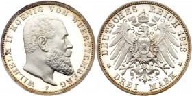 German States: W&uuml;rttemberg. 3 Marks, 1913-F. KM-635; J-175. Wilhelm II. Brilliant luster, absolutely a superb coin. Pop 1; the finest example gra...