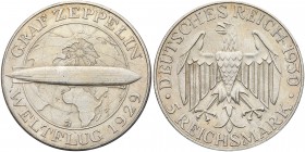 Germany. 5 Reichsmark, 1930-J. Dav-972; KM-68; J-343. Graf Zeppelin Flight. Extremely Fine. Estimate Value $125 - 150