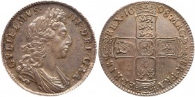Great Britain. Halfcrown, 1698. S.3494; ESC-554. William III. DECIMO on edge. First draped bust with large crowns on reverse. Well struck example and ...