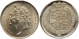 Great Britain. Sixpence, 1825. S.3814; ESC-1659; KM-691. George IV. Obverse; Laureate portrait of King left by Pistrucci. Reverse; Shield in garter. U...