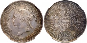Hong Kong. Dollar, 1866. Dav-245; KM-10. Victoria. Name and date engraved on obverse. NGC graded About Uncirculated Details (Counterstamp Damage). Est...