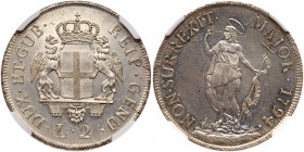Italian States: Genoa. 2 Lira, 1794. KM-244. Crowned and supported arms. Reverse ; John the Baptist standing holding staff with banner. Brilliant mint...