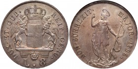 Italian States: Genoa. 8 Lire, 1796. Dav-1370; KM-249; CNI-III, p. 499, 8; C-16a. 33.39 grams. The Biennial Doges, 1528-1797. Crowned shield of arms, ...