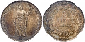 Italian States: Lombardy. 5 Lire, 1848-M. Dav-206; KM-C22.1; Pagani-213. Provisional Government. Short stems. Standing female figure. Reverse; Value i...