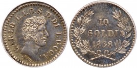 Italian States: Lucca. 10 Soldi, 1838. KM-C39; Pagani-266a. Carlo Lodovico di Borbone, Duke. Choice example with brilliant mint luster. PCGS graded MS...