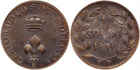 Italian States: Lucca. Soldo, 1841. KM-34a; Pagani-274. Copper. Carlo Lodovico di Borbone, Duke. PCGS graded MS-64 Brown. Estimate Value $500 - 600