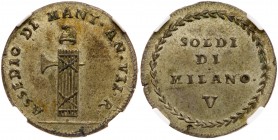 Italian States: Mantua. V (5) Soldi, VII (1799). KM-537; Pagani-258. Fasces with Liberty Cap. Siege issue. Toned. NGC graded MS-62. Estimate Value $30...