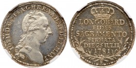 Italian States: Milan. Silver Striking of gold Zecchino, 1781. As Fr-737; as KM-213. Joseph II of Austria. Laureate head right. Reverse ; Legend above...