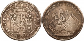 Italian States: Naples. Piastra of 120 Grana, 1735. Dav-1397; C-23. Charles Of Bourbon, 1735-1759. Crowned arms. Reverse ; River god with volcano. Fin...
