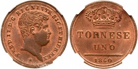 Italian States: Naples. Tornese, 1840. KM-314; Pagani-439. Ferdinando II. NGC graded MS-64 Red & Brown. Estimate Value $225 - 275