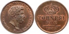 Italian States: Naples. 2 Tornesi, 1853. KM-327; Pagani-407. Ferdinando II. PCGS graded MS-64 Red & Brown. Estimate Value $75 - 100