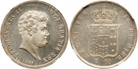 Italian States: Naples. 60 Grana, 1859. KM-361; Pagani-251. Ferdianado II. Adjustment marks. Original brilliant mint luster. Very scarce in top grades...
