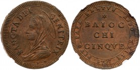 Italian States: Papal/Roman States. 5 Baiocchi, 1797. KM-1245; Berman-2987. Anno XXIII. Pius VI. NGC graded MS-63 Brown. Estimate Value $550 - 650