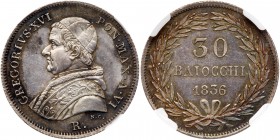 Italian States: Papal/Roman States. 30 Baiocchi, 1836-R. KM-1109; Pagani-226 (Rarity-2). Year VI. Georgory XVI. Bust left. Reverse ; Value and date wi...