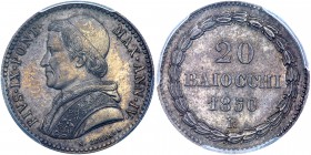 Italian States: Papal/Roman States. 20 Baiocchi, 1850-R. KM-1337; Berman-3311. Year IV. Pius IX. Bust left. Reverse ; Value and date within wreath. To...