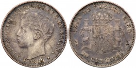 Puerto Rico. 20 Centavos, 1895-PGV. KM-22. Alfonso XIII. Toned. Very Fine. Estimate Value $60 - 80