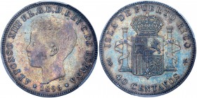 Puerto Rico. 40 Centavos, 1896-PGV. KM-23. Alfonso XIII. Young head left. Multi color tone with underlying luster. PCGS graded AU-50. Estimate Value $...