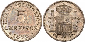 Puerto Rico. 10 Centavos, 1896-PGV. KM-20. Alfonso XIII. Bust left. Attractive steel grey tone with original underlying luster. PCGS graded AU-58. Est...