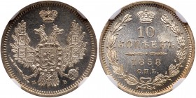 Russia. 10 Koecks, 1858-СПБ ФБ. Bit-65; KM-C164.1. Alexander II. Natural flan flaw. Brilliant mint luster. NGC graded MS-64. Estimate Value $150 - 200...