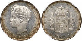 Spain. 5 Pesetas, 1898(98) SGV. Dav-344; KM-707. Alfonso XIII. Child's head left.Reverse; Arms. Light golden toning. NGC graded MS-64. Estimate Value ...