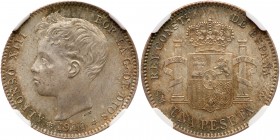 Spain. Peseta, 1900 (00)-SMV. KM-706. Alfonso XIII. Attractively toned. NGC graded MS-65. Estimate Value $225 - 275
