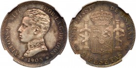 Spain. 2 Pesetas, 1905 (05) SMV. KM-725. Alfonso XIII. Beautifully toned. NGC graded MS-64. Estimate Value $200 - 225