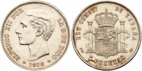 Spain. Pair of 5 Pesetas, 1878 (78)EM-M and 1891 (91)-PG M. KM-676 and 689. Lot of 2 coins. Both pieces, Extremely Fine. Estimate Value $100 - 150