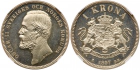 Sweden. Krona, 1897-EB. KM-760. Oscar II. Portrait of King left. Reverse; Crowned arms of Sweden. Prooflike, and very nice for this normally well circ...
