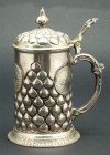 Early 20th Century German Silver Stein with 3, 18th Century Reproduction German Talers. Very handsome, early 20th century, German silver lidded beer s...