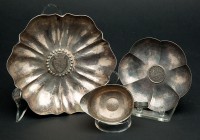 Late 19th- Early 20th Century Pieces: Two German Silver Nut Bowls and Sauce Boat with Embedded Swiss/German Coins. Late 19th early 20th Century pieces...