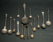 Outstanding Collection of 12 Silver Coin Spoons and Pair of Tongs: Including Coins from Germany, Austria, Brazil, Mexico and Portugal. Wonderful colle...