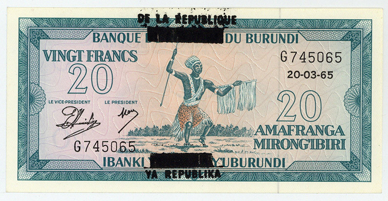 BURUNDI, Banque de la Republique du Burundi, 20 Francs 20.03.1965(1966).
I
Pic...