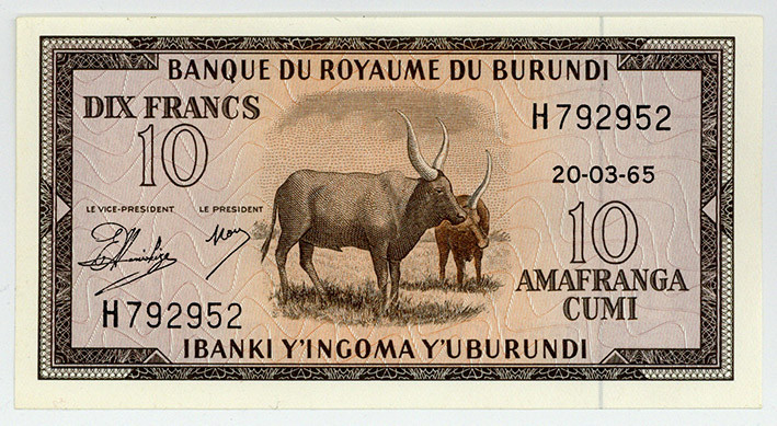 BURUNDI, Banque du Royaume du Burundi, 10 Francs 20.03.1965.
I
Pick 9