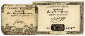 FRANKREICH, Assignats, Assignat 10 Livres 24.10.1792 (II), Sols 23.5.1793 (III), Republique Francaise..
2 Stk., II-III
Pick A66; A70