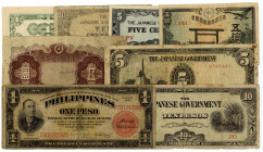 JAPAN, Lot 8 Banknoten, darin: 50 Sen, 5 Yen o.D. (1942-1944); DAZU: PHILIPPINEN 1 Peso (1936), 5, 10 Centavos, 1, 5, 10 Pesos (unter japanischer Besa...