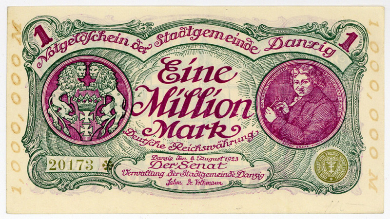 NEBENGEBIETE, Danzig, 1914-1938, 1 Million Mark 08.08.1923. KN 5stellig.
I-II
...