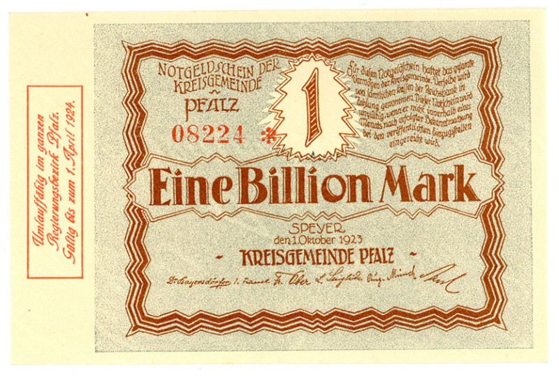 PFALZ, Speyer, Kreisgemeinde Pfalz. 1 Billion Mark 1.10.1923.
I
Ke.4286d