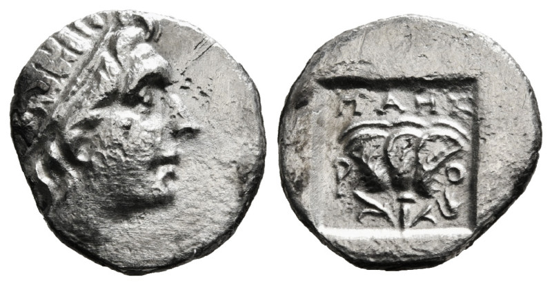 CARIA. Rhodes. Drachm (Circa 88-84 BC). Menodoros, magistrate.
Obv: Radiate head...