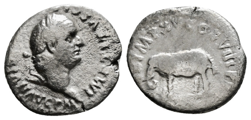 TITUS (79-81). Denarius. Rome.
Obv: IMP TITVS CAES VESPASIAN AVG P M.
Laureate h...