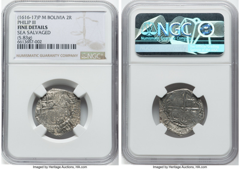 Philip III Cob 2 Reales (1616-1617) P-M Fine Details (Sea Salvaged) NGC, Potosi ...