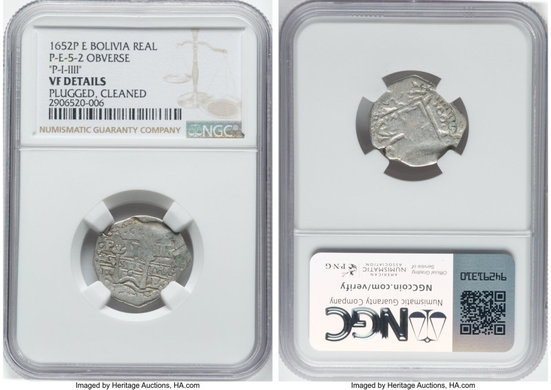 Philip IV Cob Real 1652 P-E-5-2 VF Details (Plugged, Cleaned) NGC, Potosi mint, ...