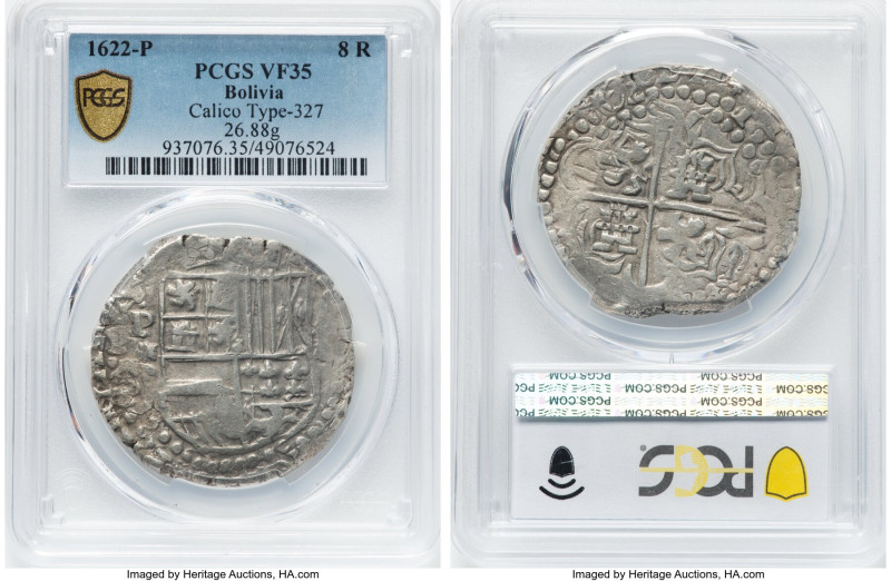 Philip IV Cob 8 Reales 1622 P-P VF35 PCGS, Potosi mint, Cal-1438. 26.88gm. Lions...