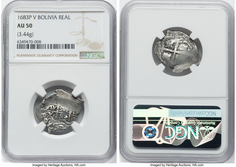 Charles II Cob Real 1683 P-V AU50 NGC, Potosi mint, KM23, Cal-275. 3.44gm. A hig...