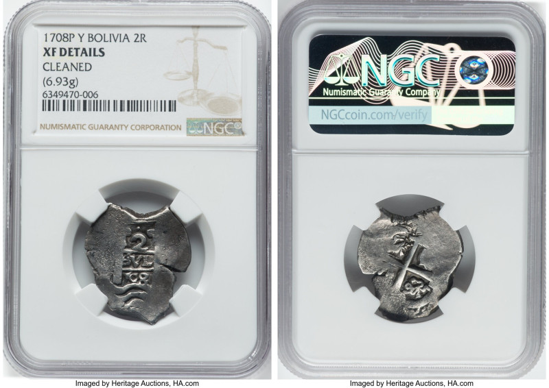 Philip V Cob 2 Reales 1708 P-Y XF Details (Cleaned) NGC, Potosi mint, KM29, Cal-...