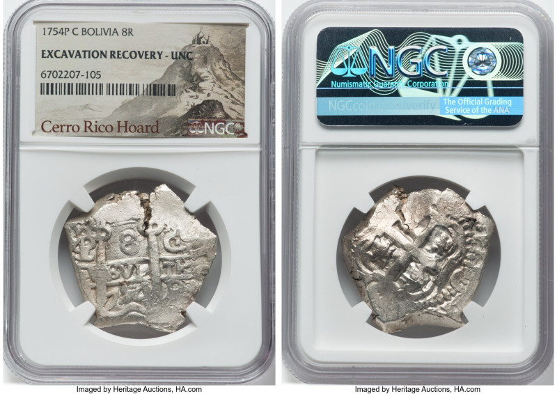 Ferdinand VI Cob 8 Reales 1754 P-C UNC (Excavation Recovery) NGC, Potosi mint, K...